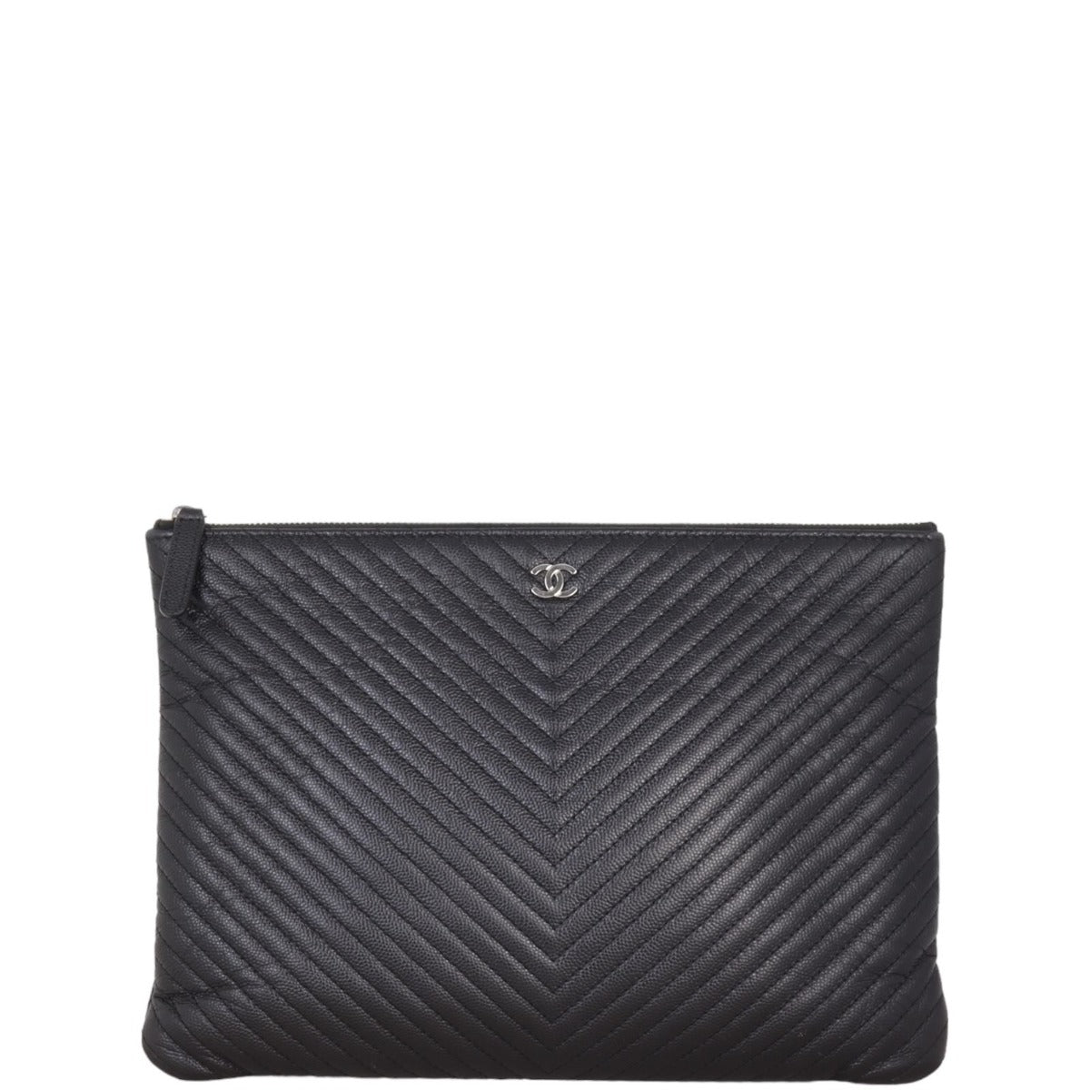Chanel Classic O-Case Pouch Chevron Handbag Black Medium