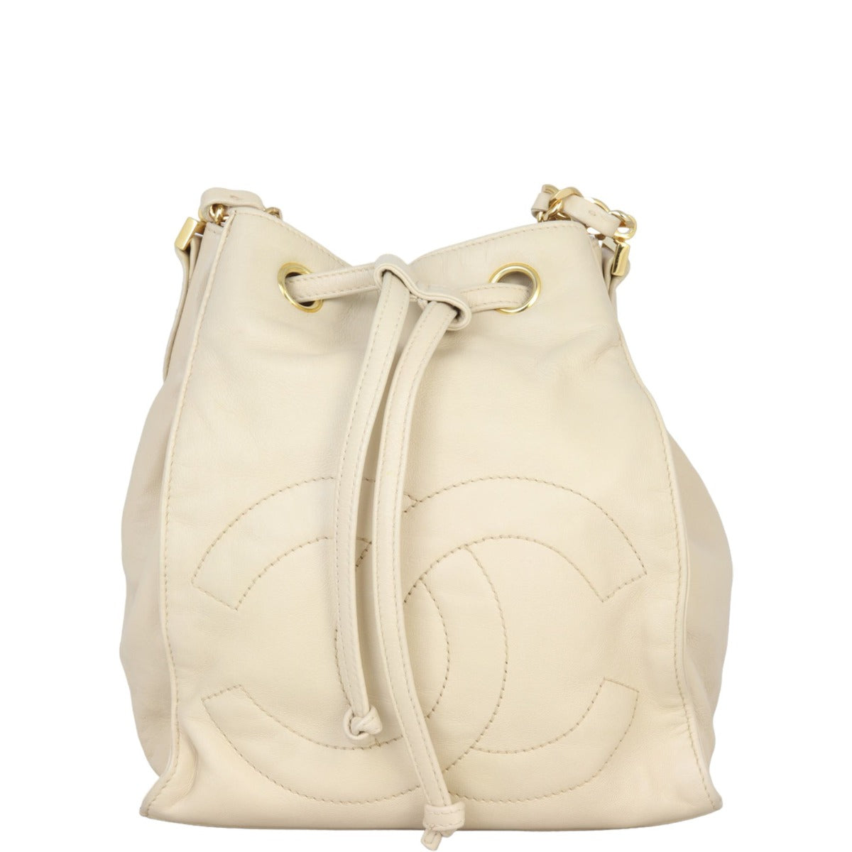 Chanel CC Drawstring Bag White Beige Jewelry