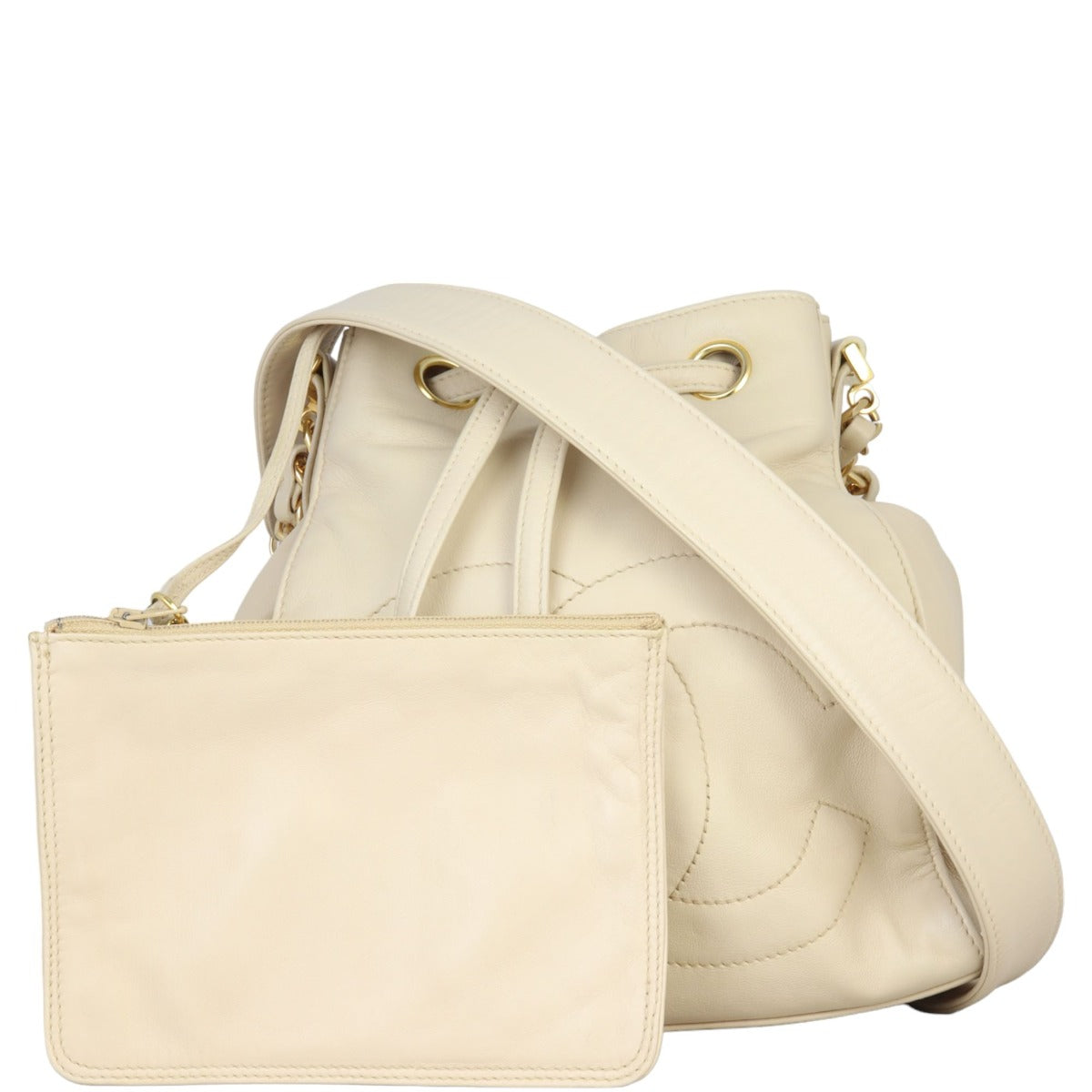 Chanel CC Drawstring Bag White Beige Jewelry