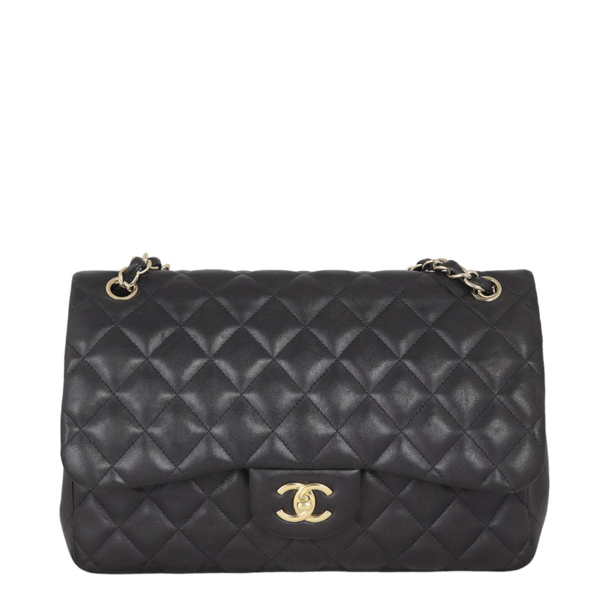 Chanel Classic Double Jumbo Lambskin Diamond Handbag Black Flap