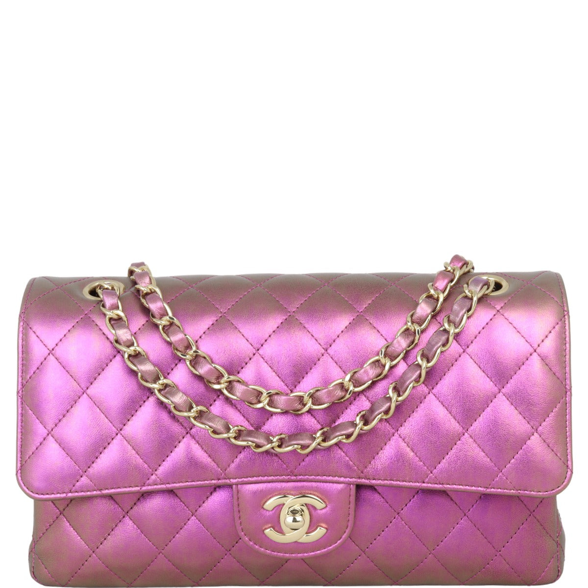 Chanel Classic Double Purple Iridescent Lambskin Handbag Green Medium