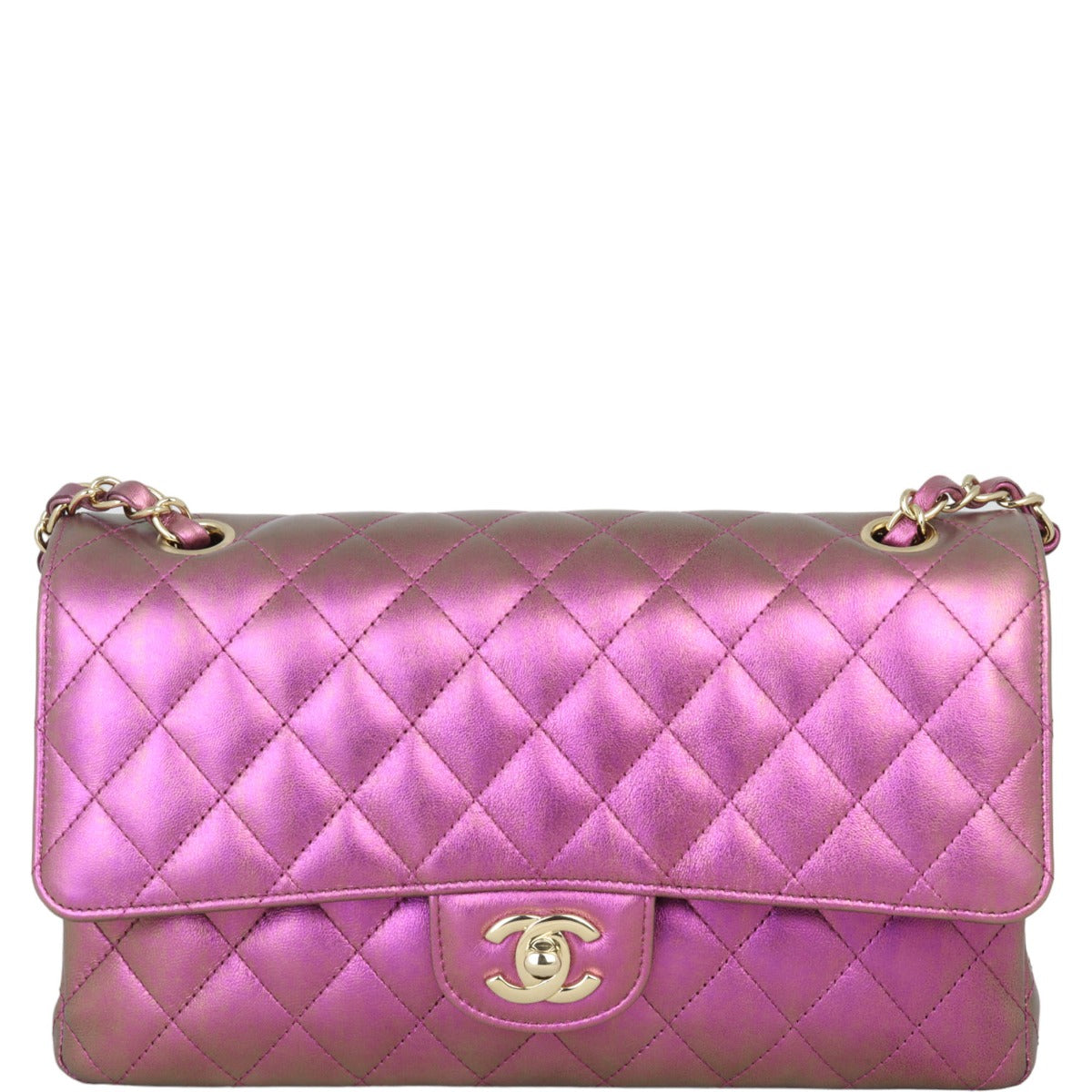 Chanel Classic Double Purple Iridescent Lambskin Handbag Green Medium