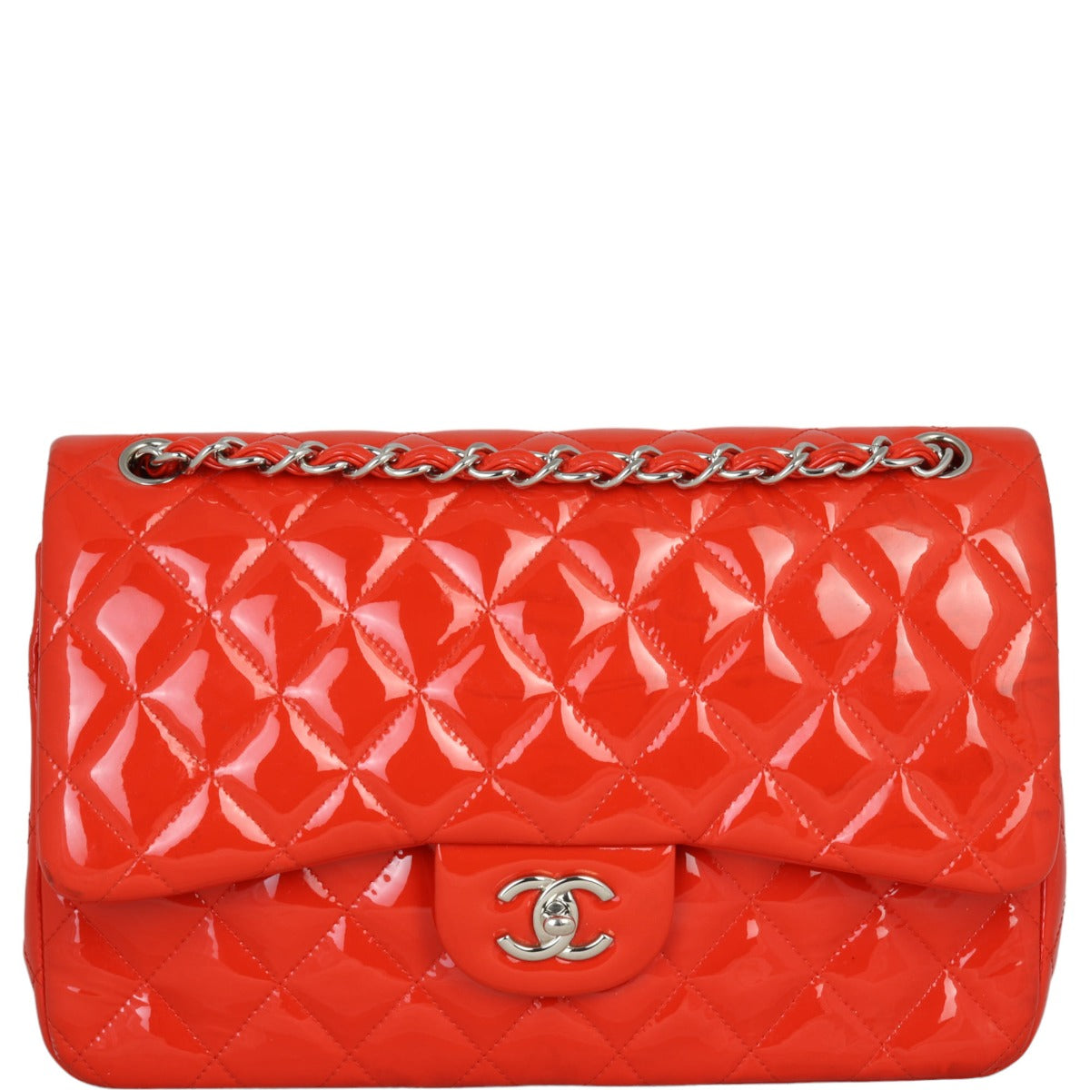 Chanel Classic Double Jumbo Patent Handbag Red Flap