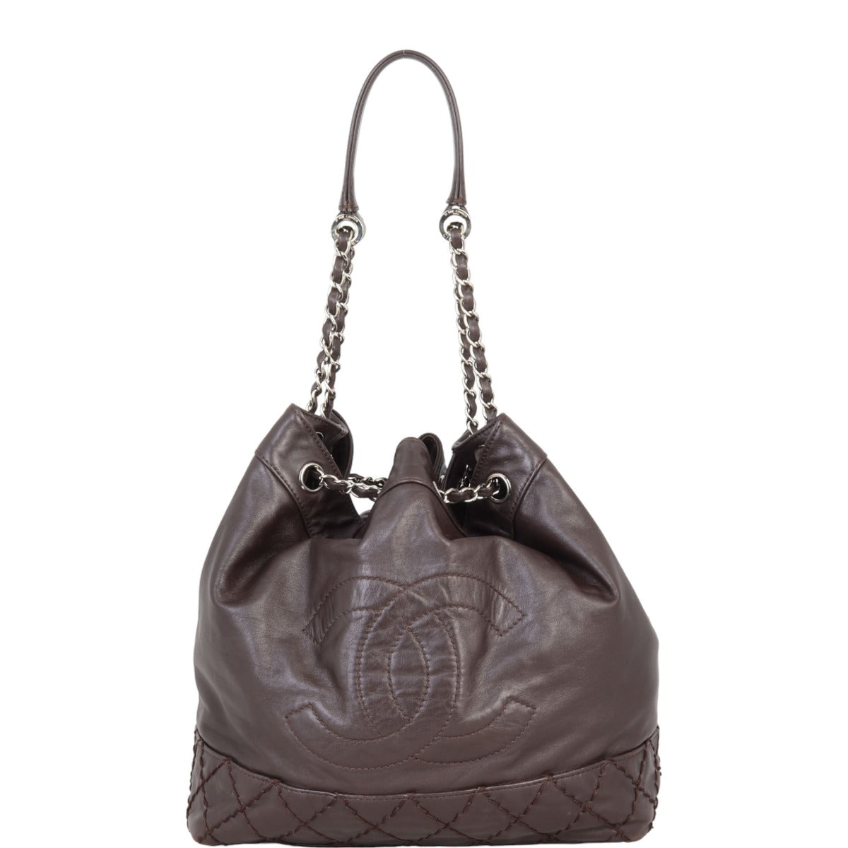 Chanel CC Drawstring Bag Chocolate Brown Bucket Jewelry