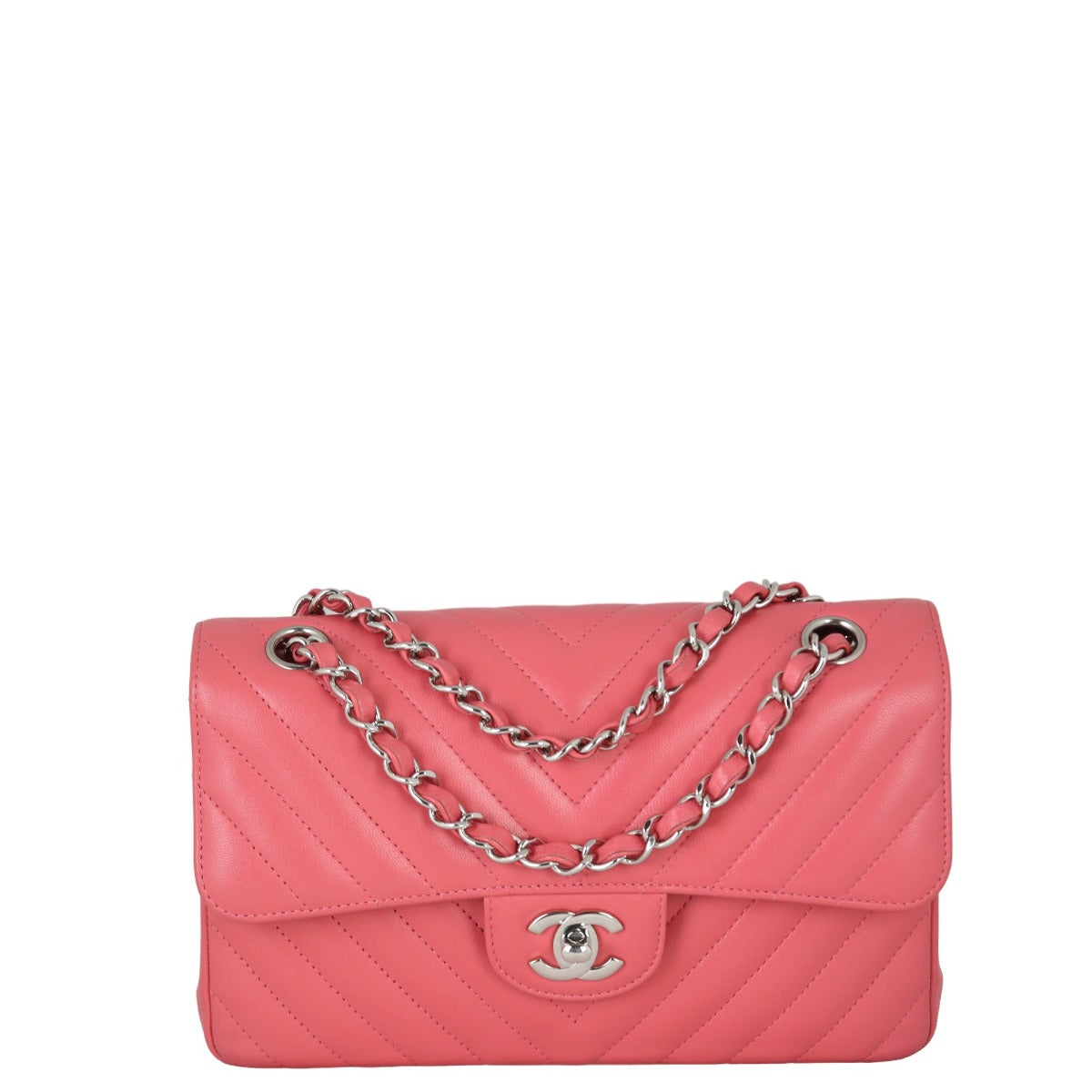 Chanel Classic Double Chevron Lambskin Salmon Handbag Pink Small