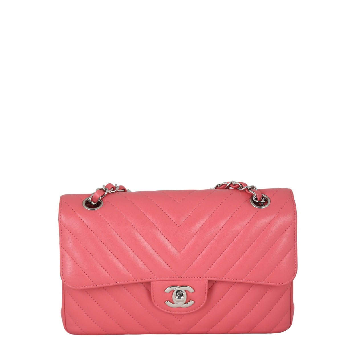 Chanel Classic Double Chevron Lambskin Salmon Handbag Pink Small