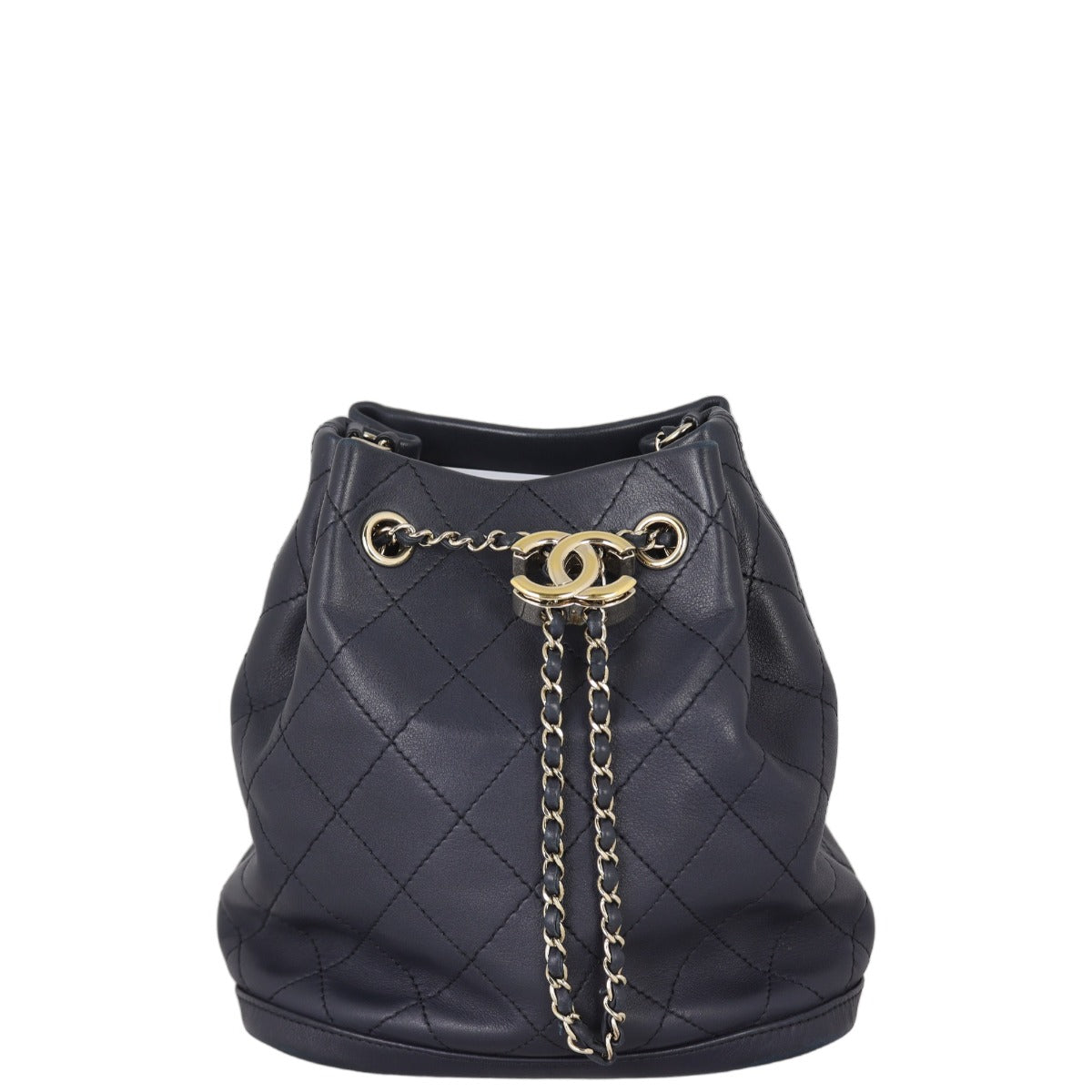 Chanel CC Drawstring Bag Dark Navy Quilted Bucket Jewelry