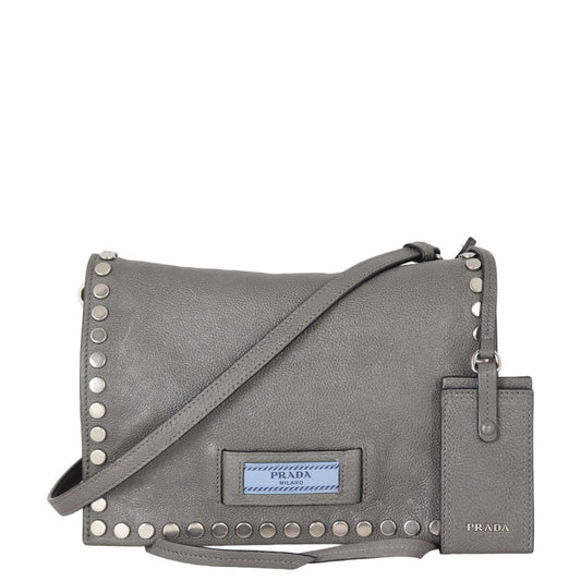 Prada Etiquette Studded Glace Calfskin Messenger Bag Travel Bag