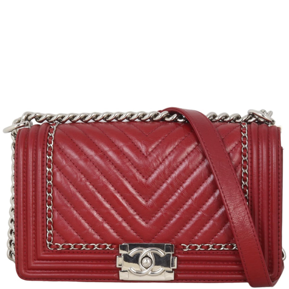 Chanel Boy Old Chevron Handbag Red Medium