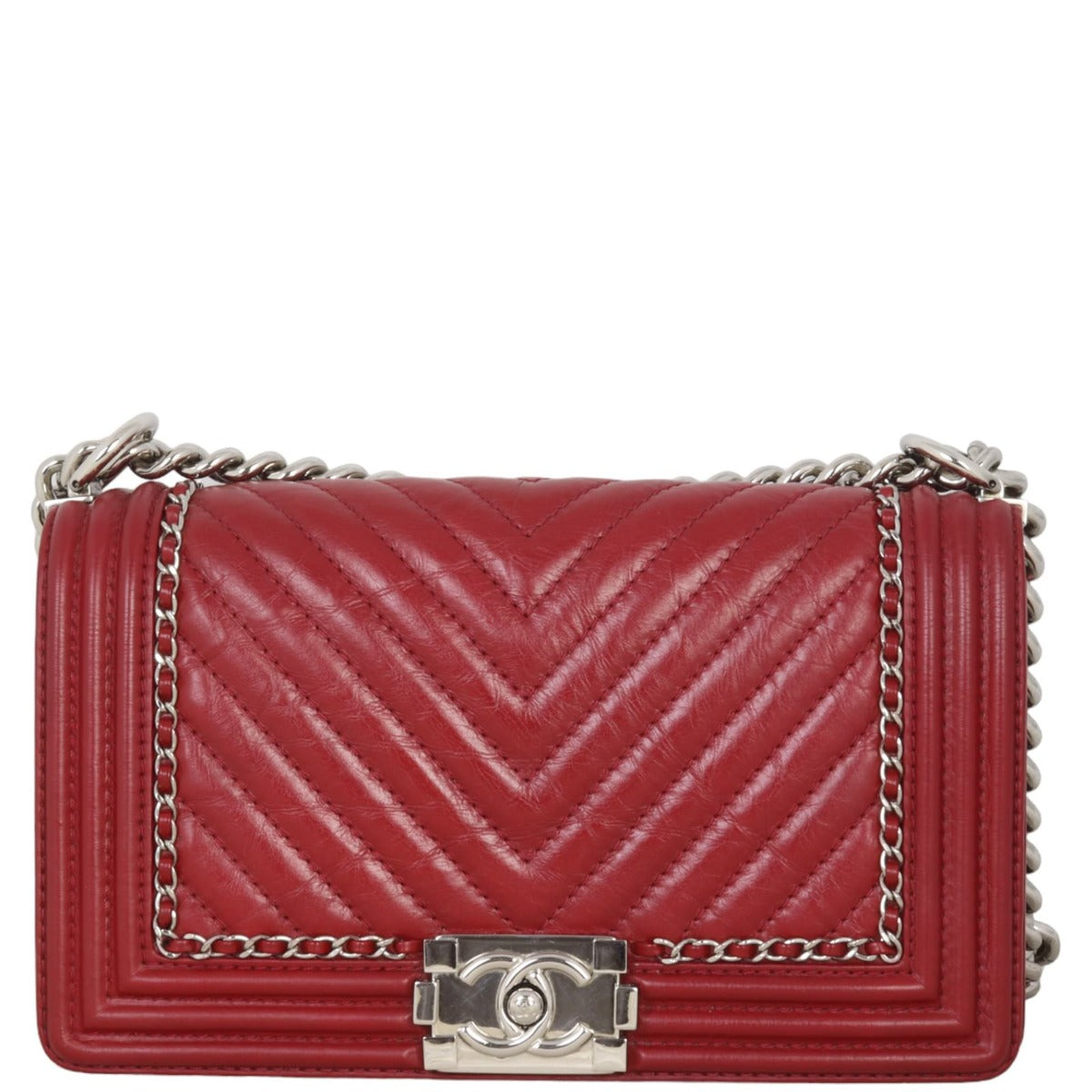 Chanel Boy Old Chevron Handbag Red Medium