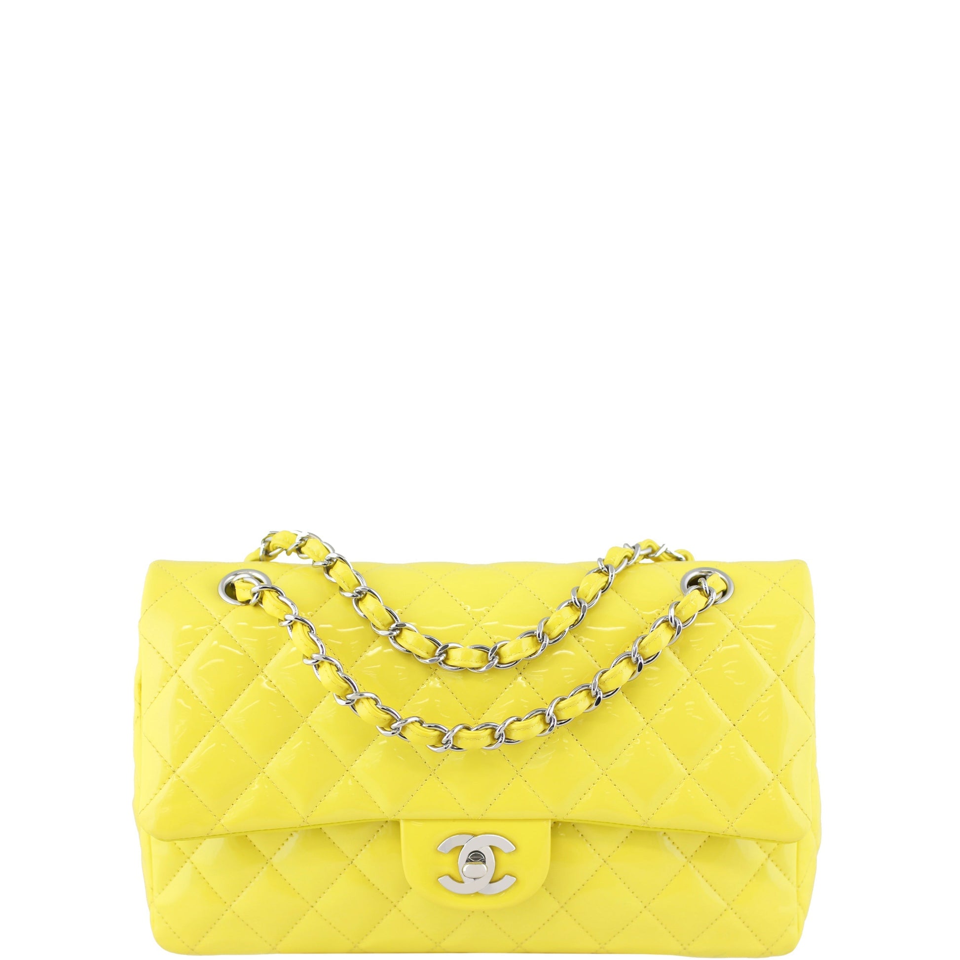 Chanel Classic Double Patent Yellow Handbag Medium Flap