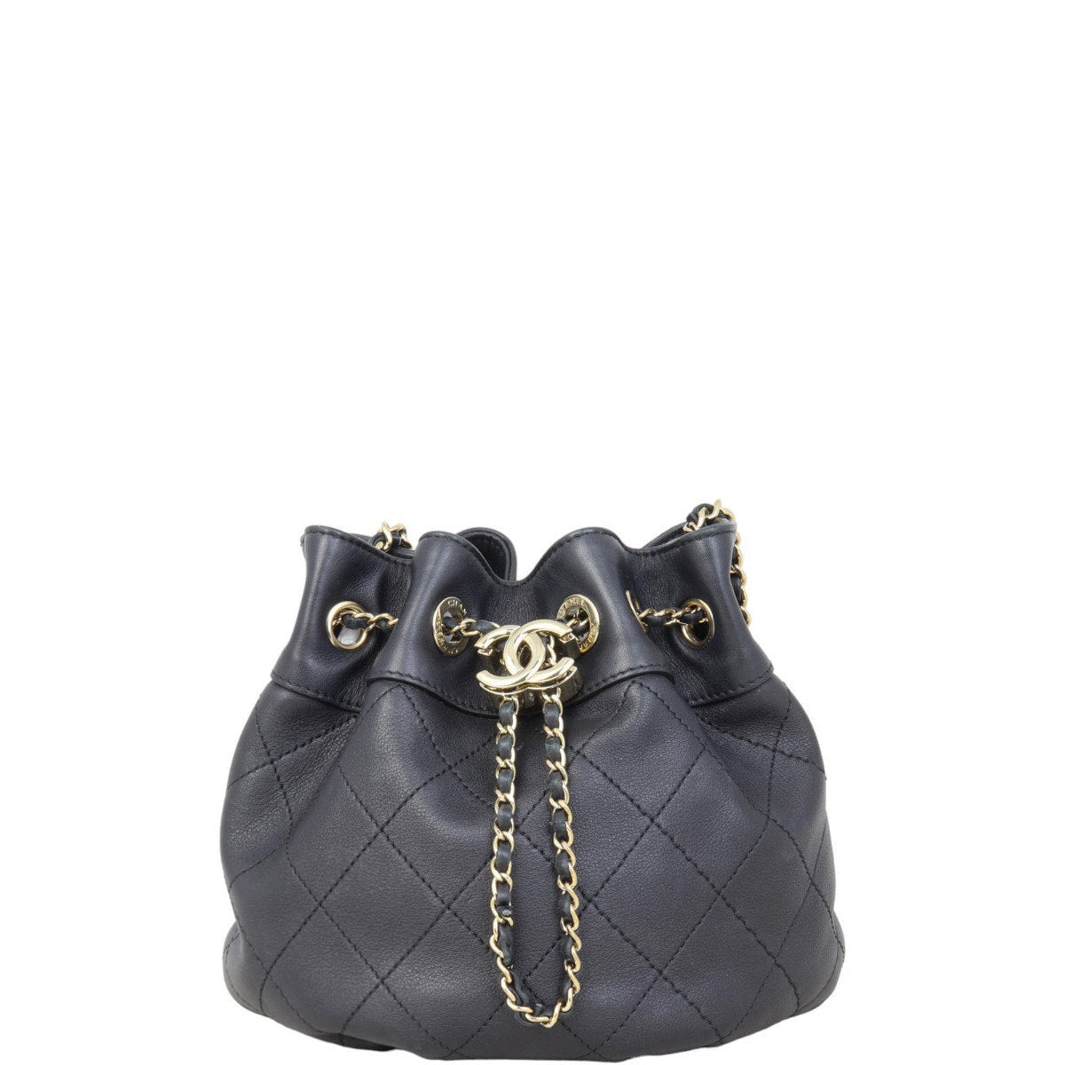 Chanel CC Drawstring Bag Lambskin Quilted Black Jewelry