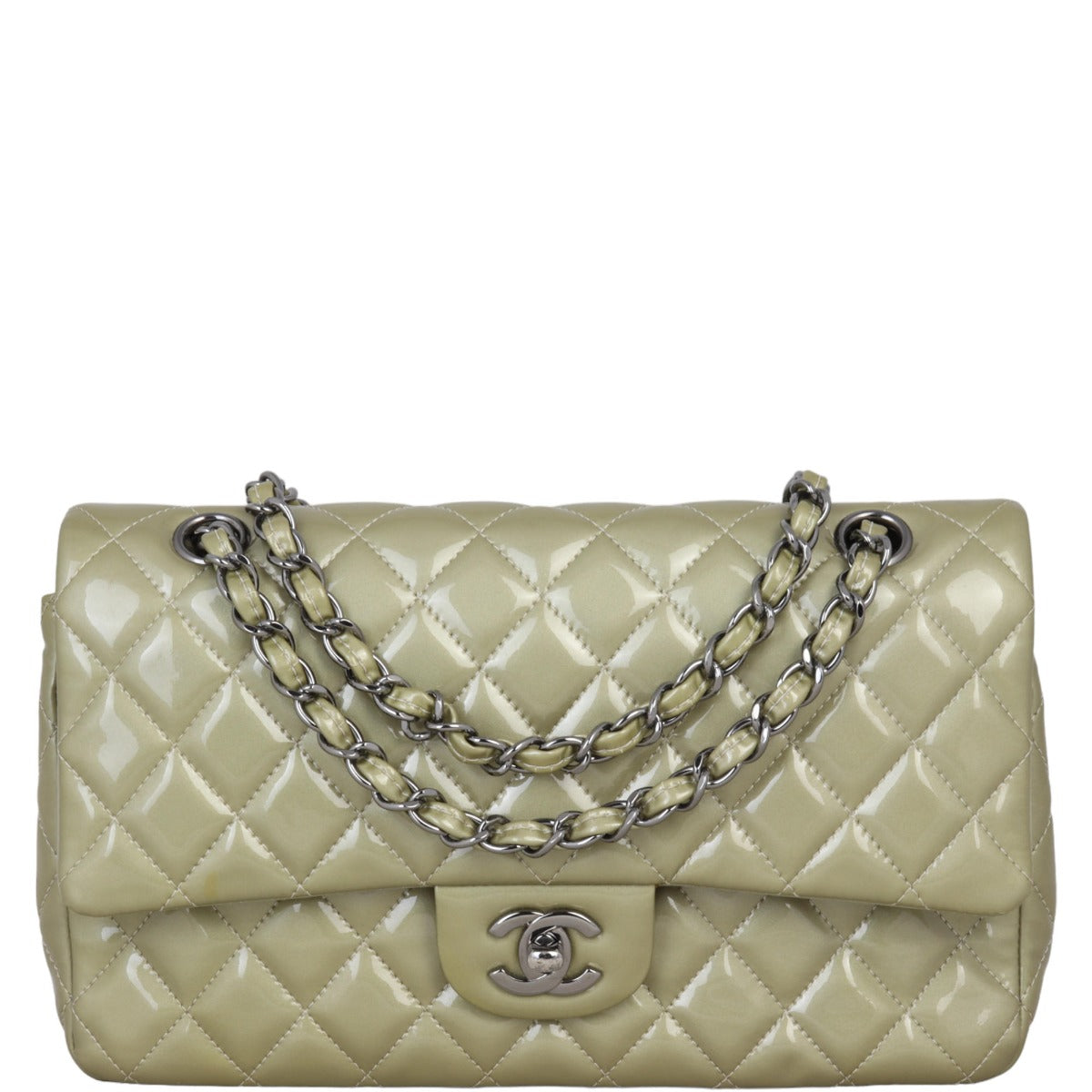 Chanel Classic Double Patent Metallic Champagne Handbag Medium Flap