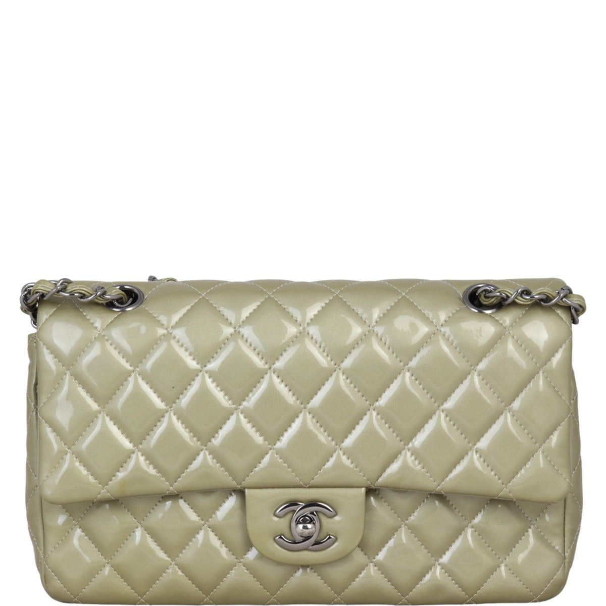 Chanel Classic Double Patent Metallic Champagne Handbag Medium Flap
