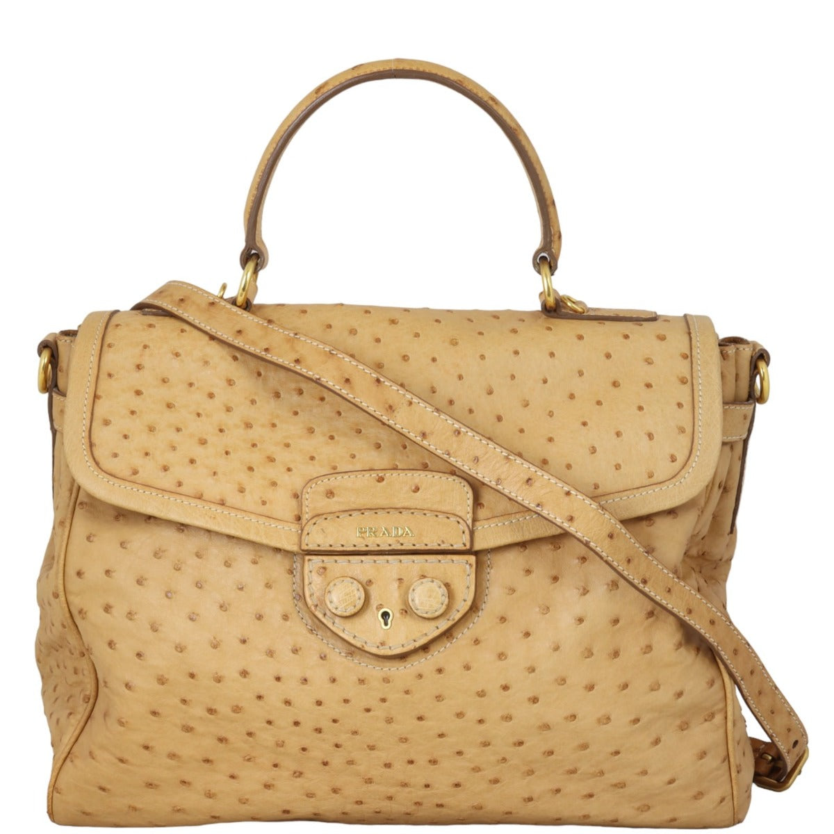 Prada Ostrich Pushlock Top Handle Bag Flap Travel Bag