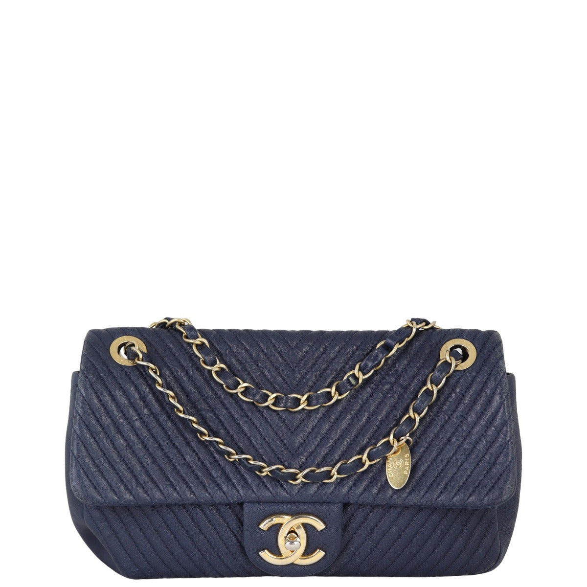 Chanel Surpique Chevron Single Bag Navy Blue Flap Handbag