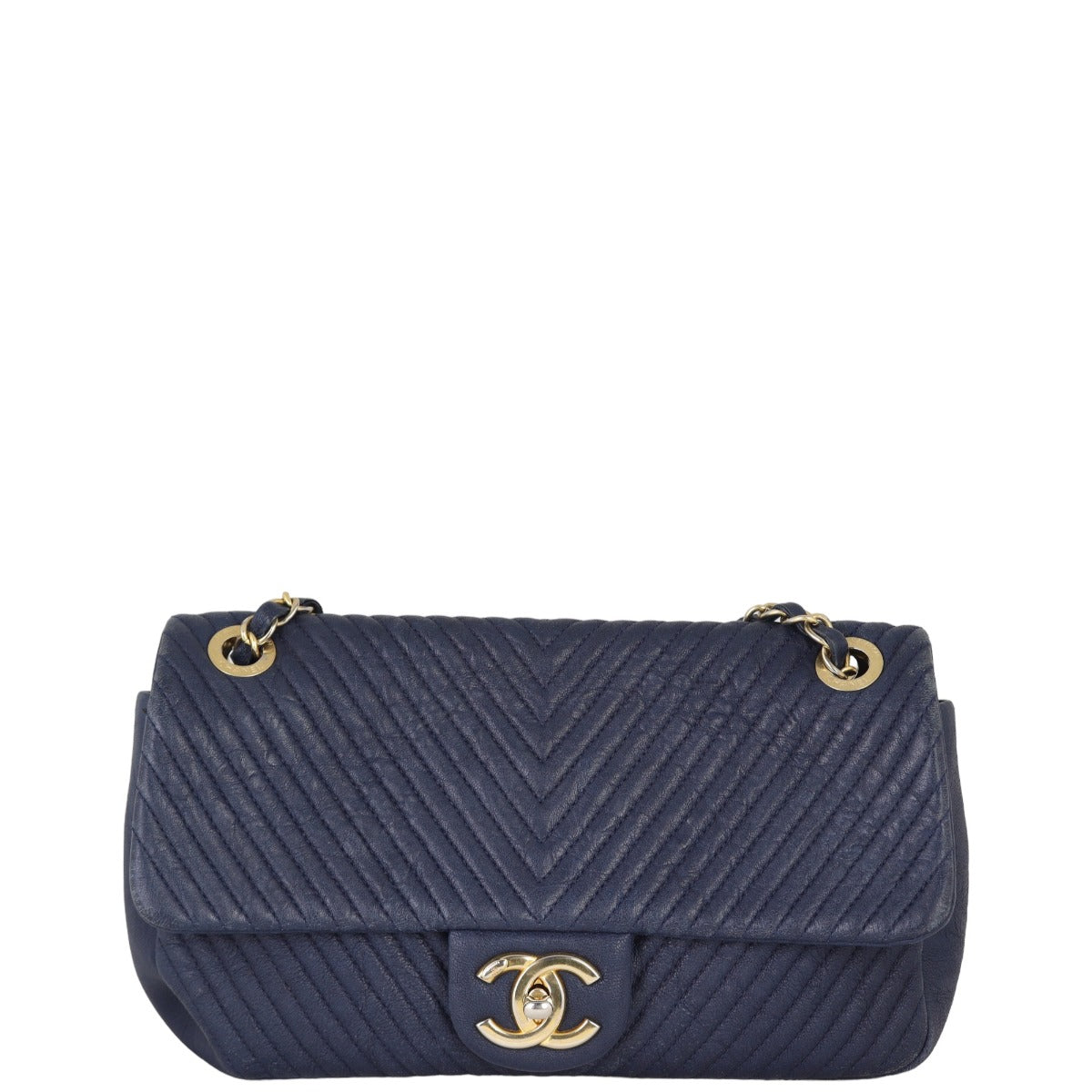 Chanel Surpique Chevron Single Bag Navy Blue Flap Handbag