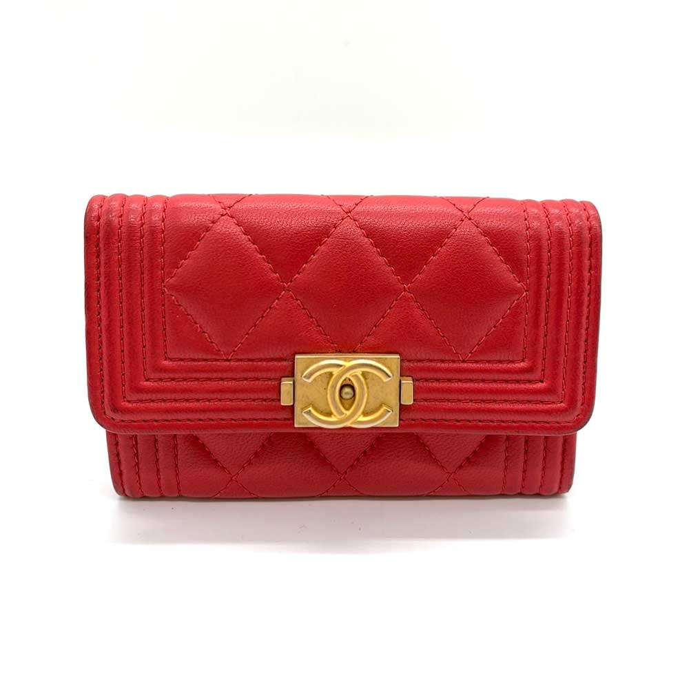 Chanel Boy Card Case Red Lambskin Bag