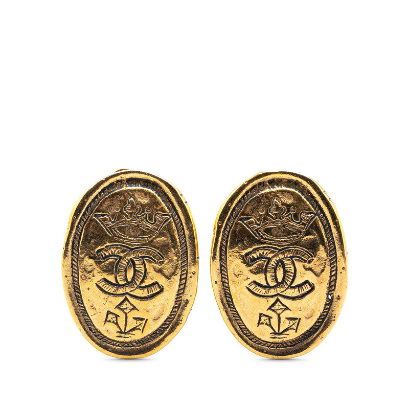 Chanel Gold Plated Coco Mark Oval Crown Earrings Bag