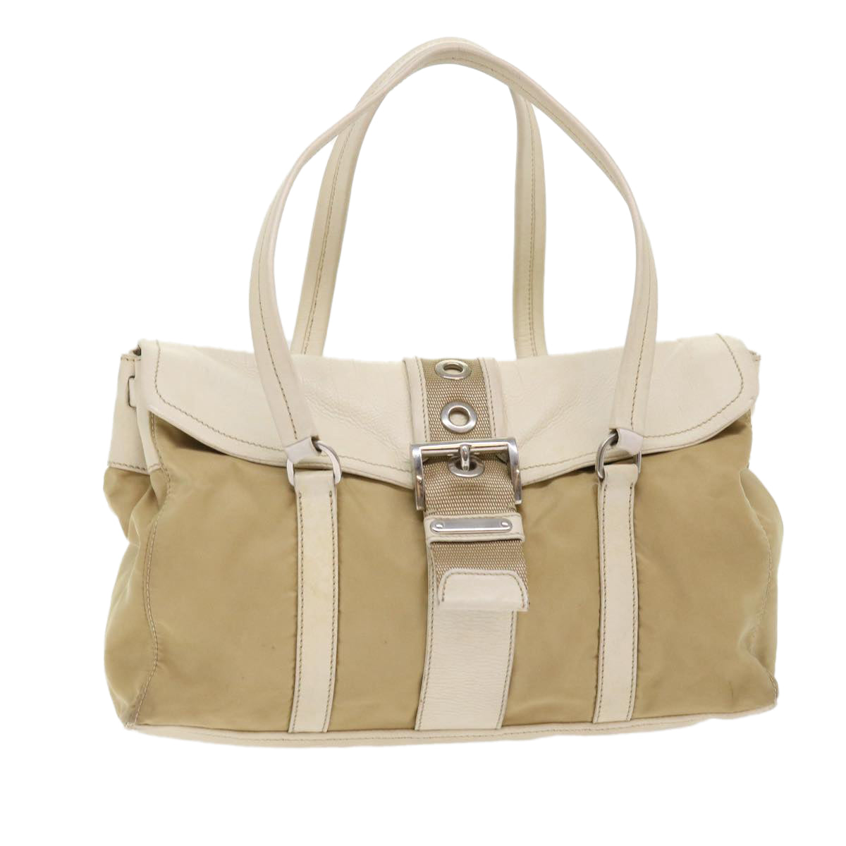 Prada Hand Bag Leather Nylon Beige Travel Bag Leather Beige Ki3154