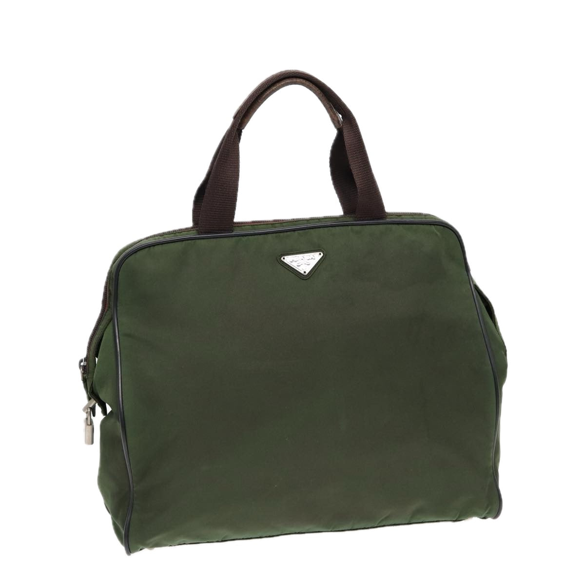 Prada Hand Bag Khaki Auth Nylon Brown Silver Travel Bag