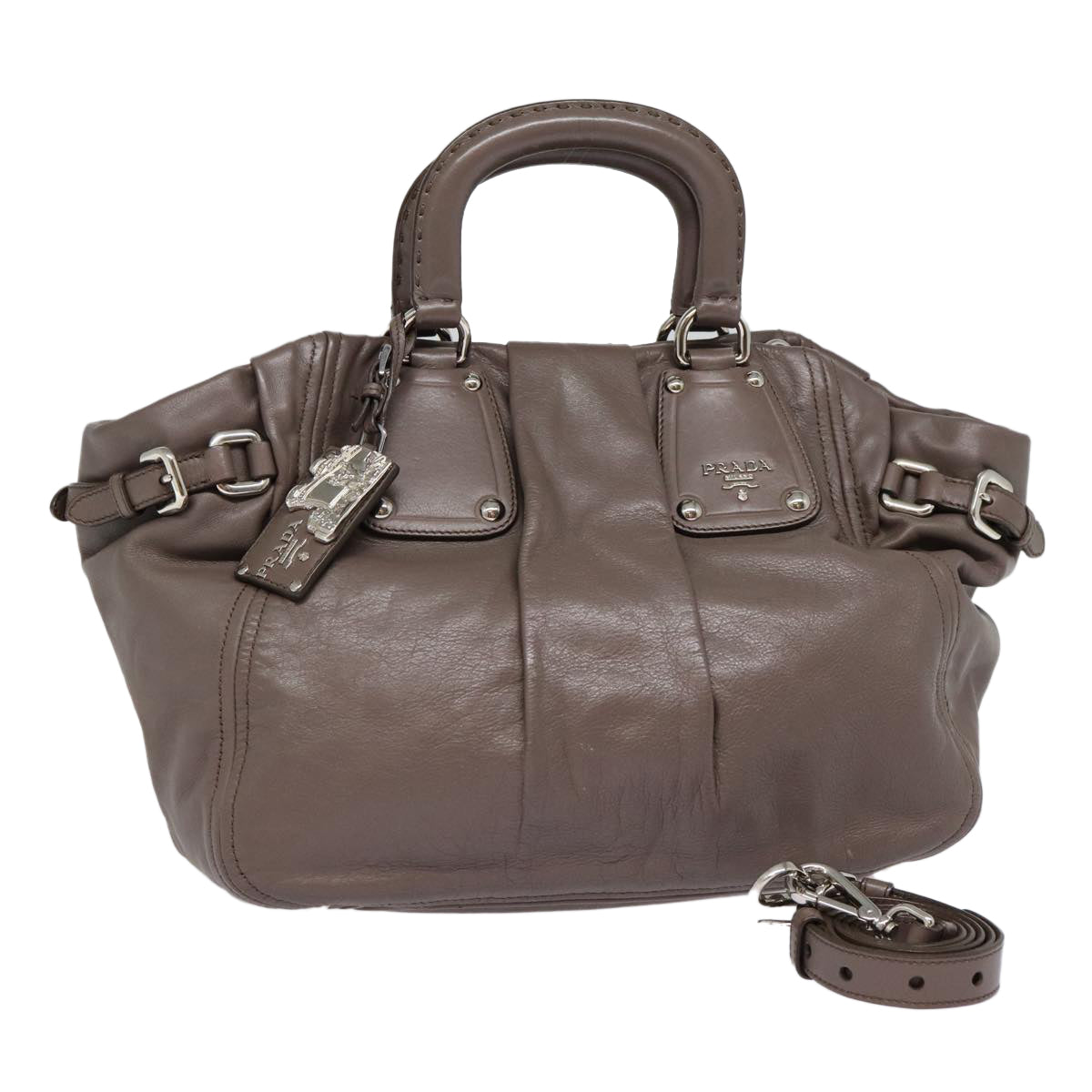 Prada Hand Bag 2Way Auth Leather Silver Gray Travel Bag