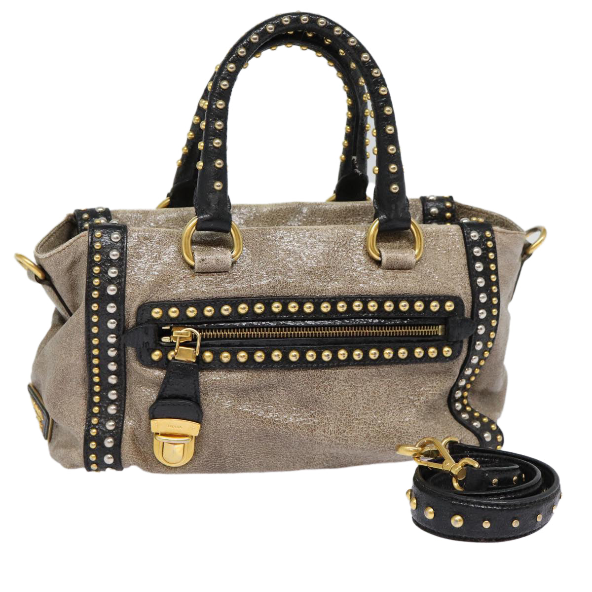 Prada Studs Hand Bag 2Way Auth Leather Gold Gray Travel Bag