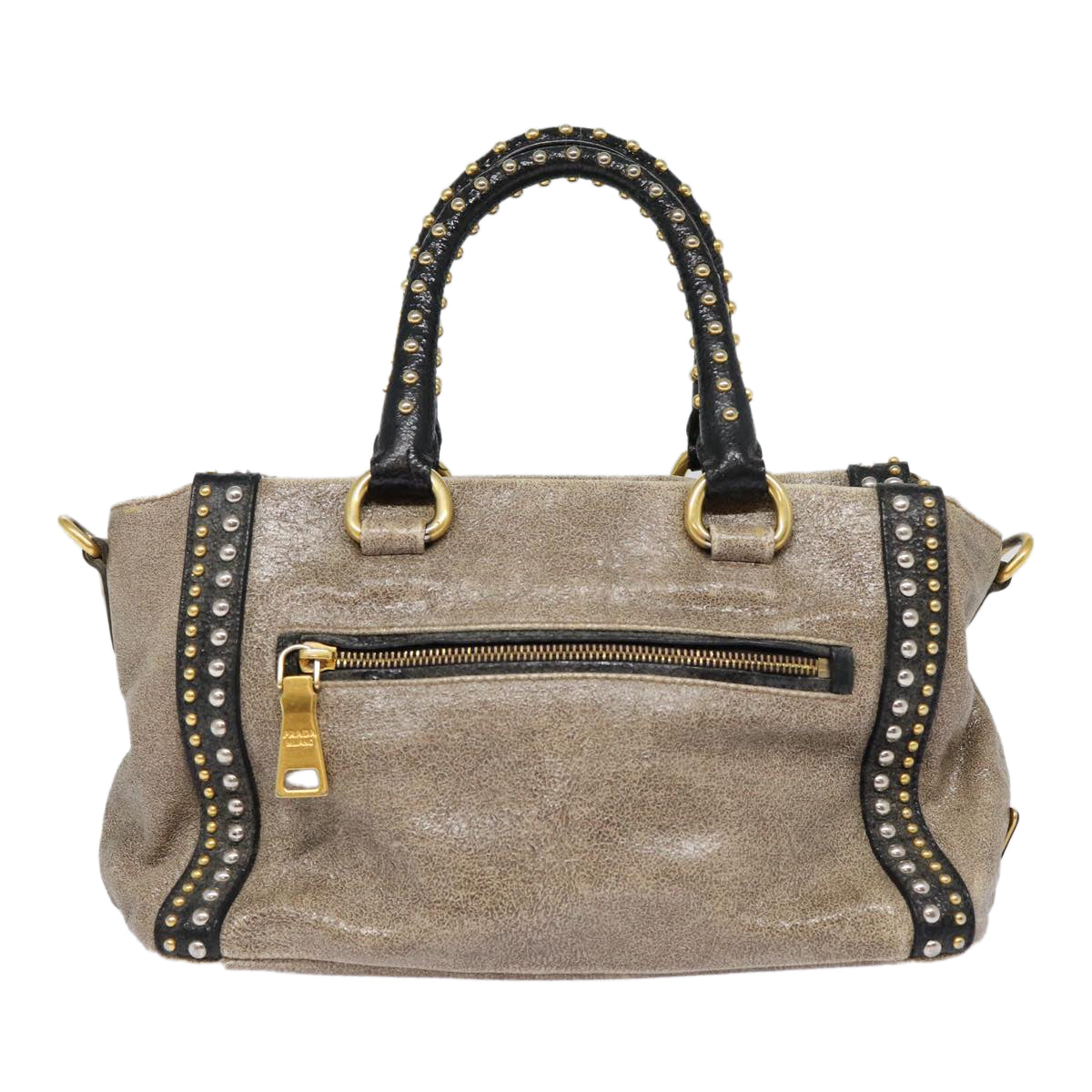 Prada Studs Hand Bag 2Way Auth Leather Gold Gray Travel Bag
