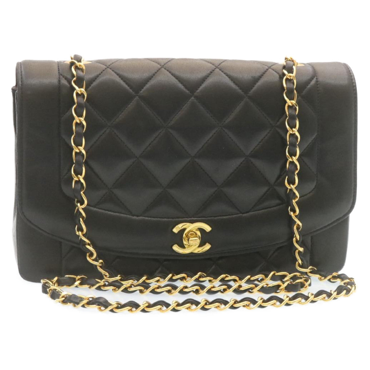 Chanel Chain Turn Lock Diana Matelasse Shoulder Bag Lamb Skin Black Auth knn
