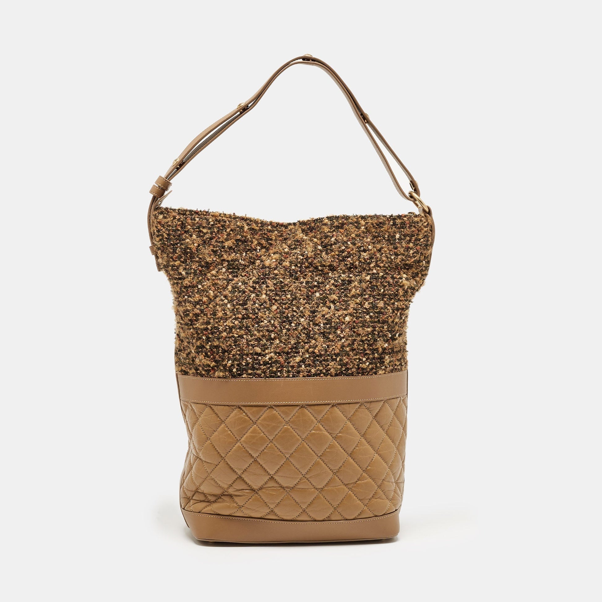 CHANEL Brown Quilted Aged Leather and Tweed Large Casual Hobo
