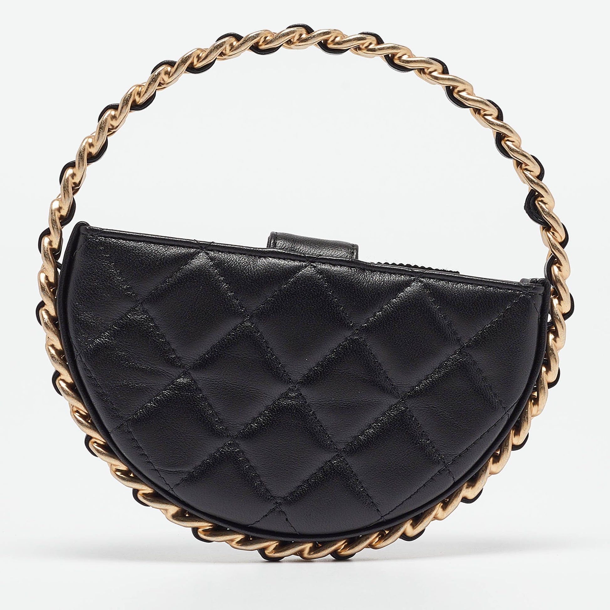 Chanel Black Quilted Leather Mini Round Camellia Clutch