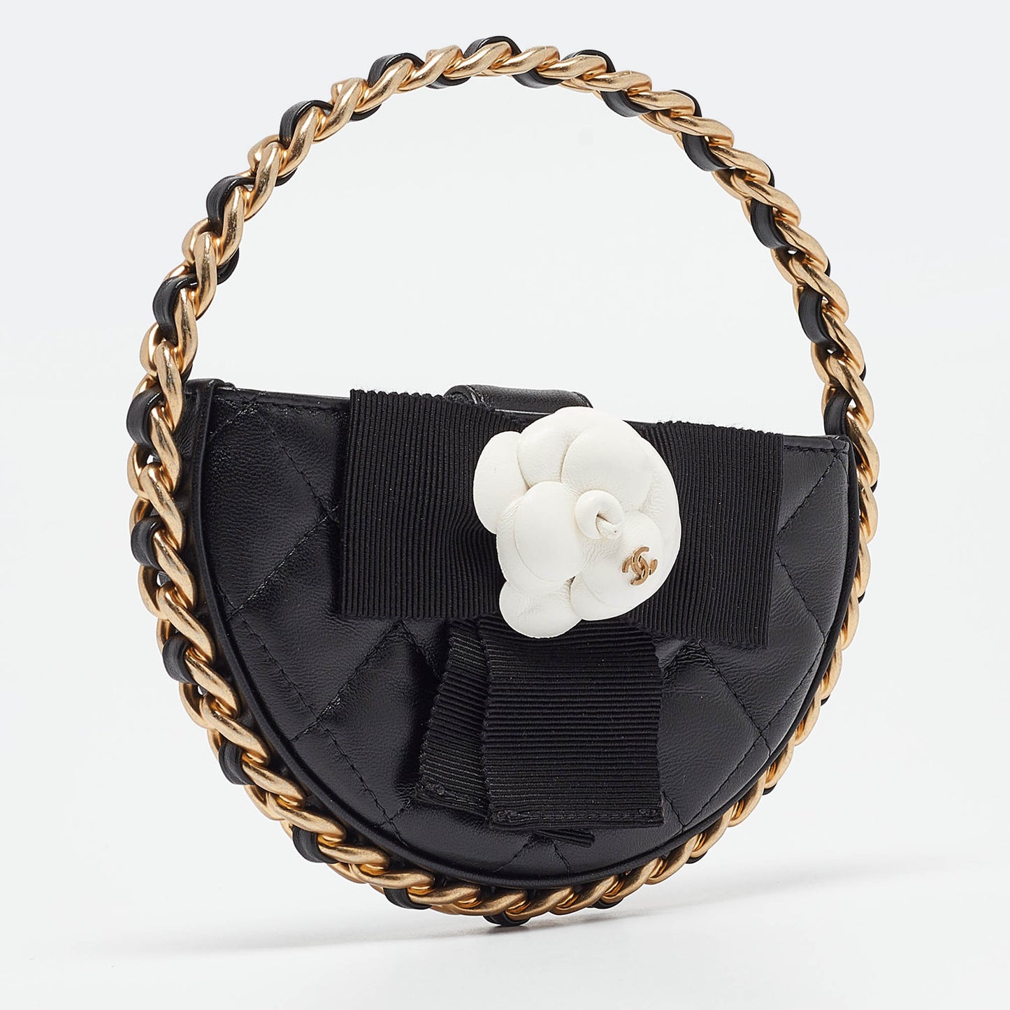 Chanel Black Quilted Leather Mini Round Camellia Clutch