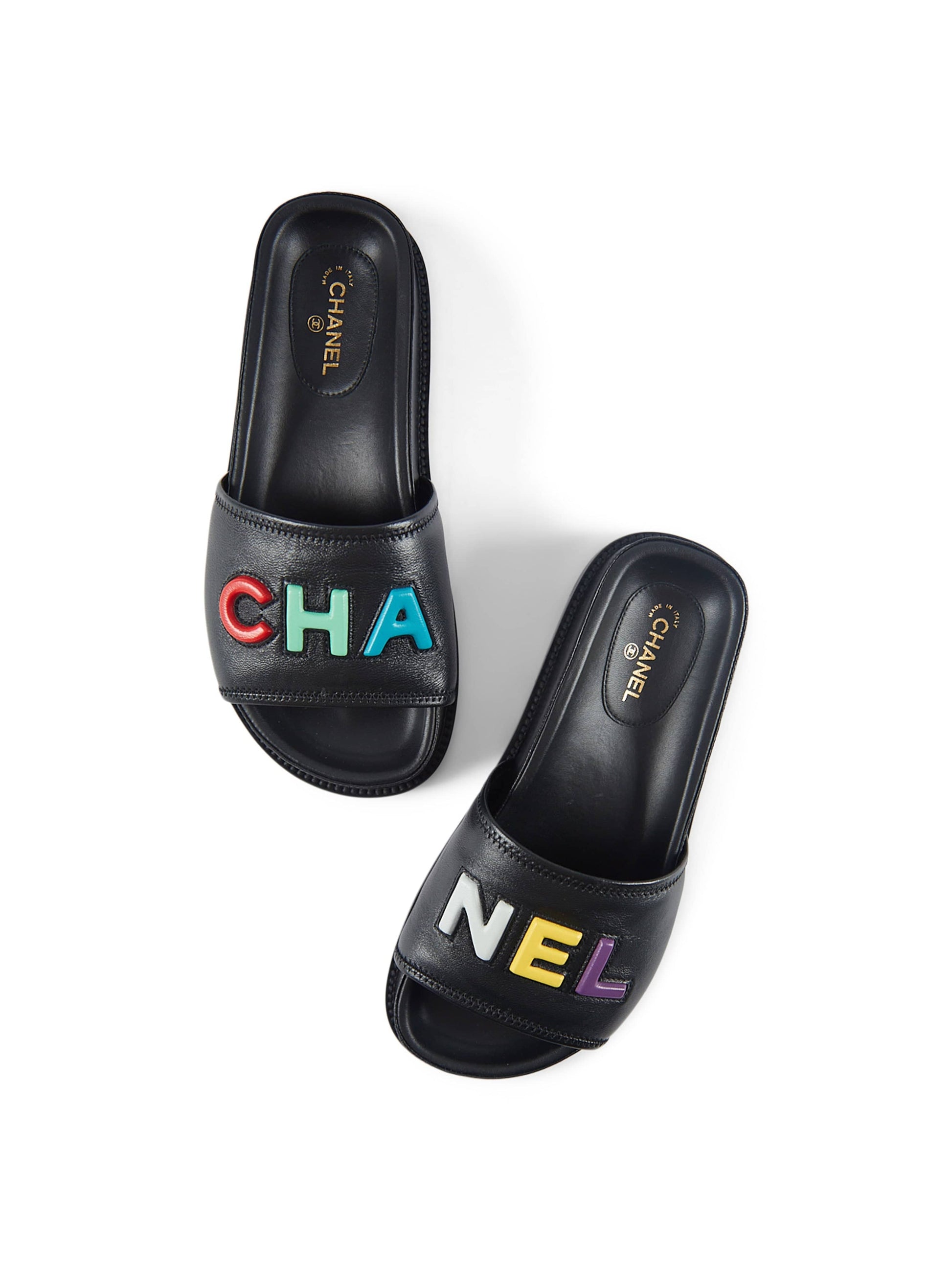 CHANEL SLIDE SANDALS Black with Multicolour Logo - Size 37