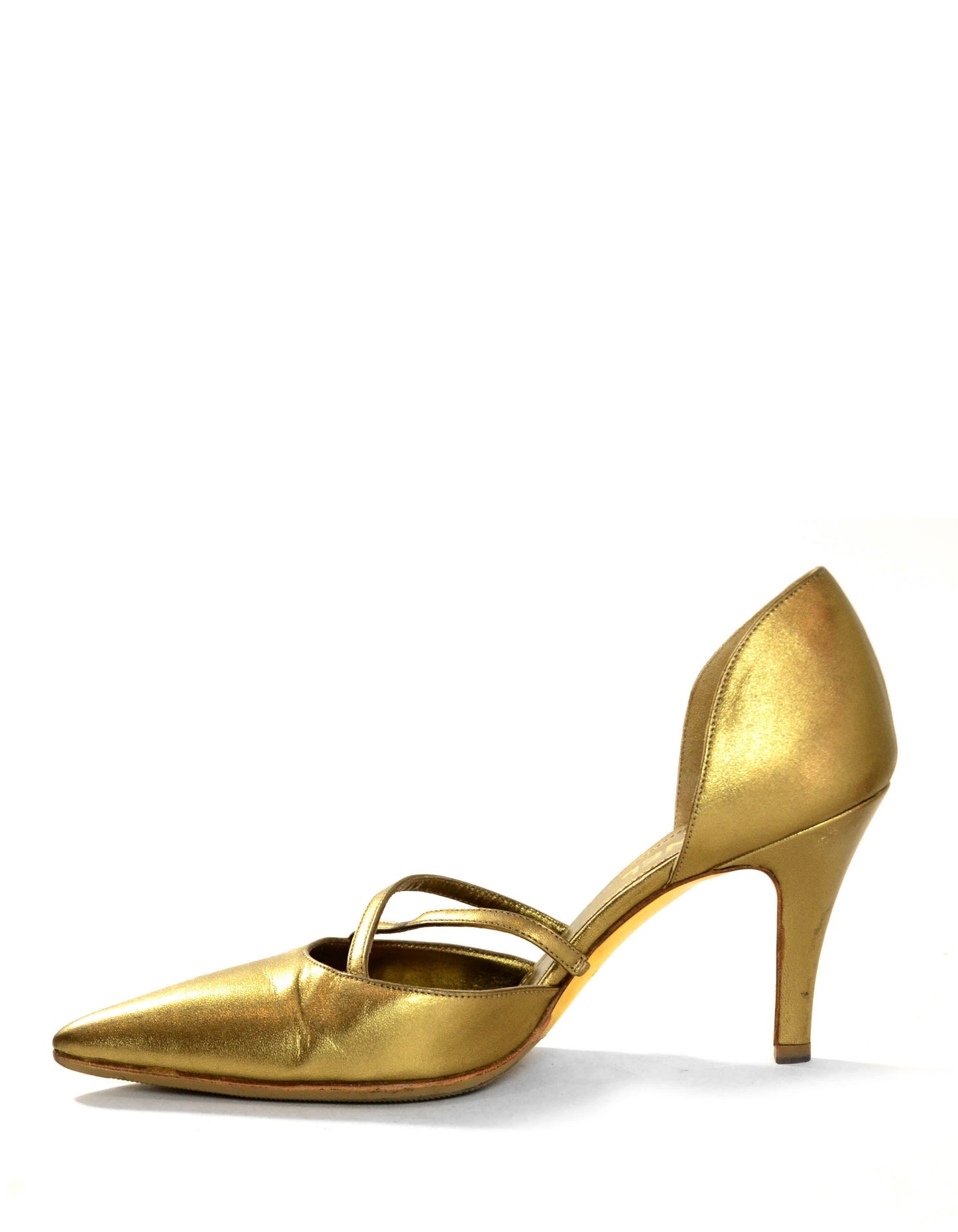 Chanel Gold Leather Pointy Toe Pumps Sz 37.5