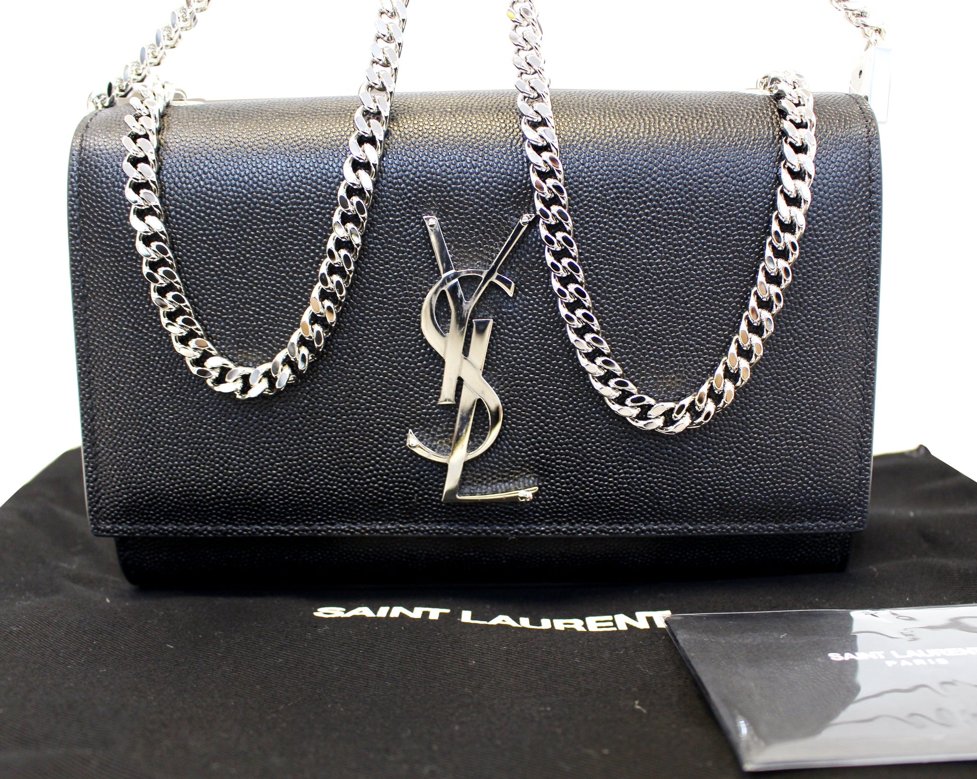 YSL Saint Laurent Yves Kate Clutch Crossbody Bag Leather Black Silver Clutch Bag