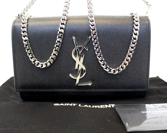 YSL Saint Laurent Yves Kate Clutch Crossbody Bag Leather Black Silver Clutch Bag