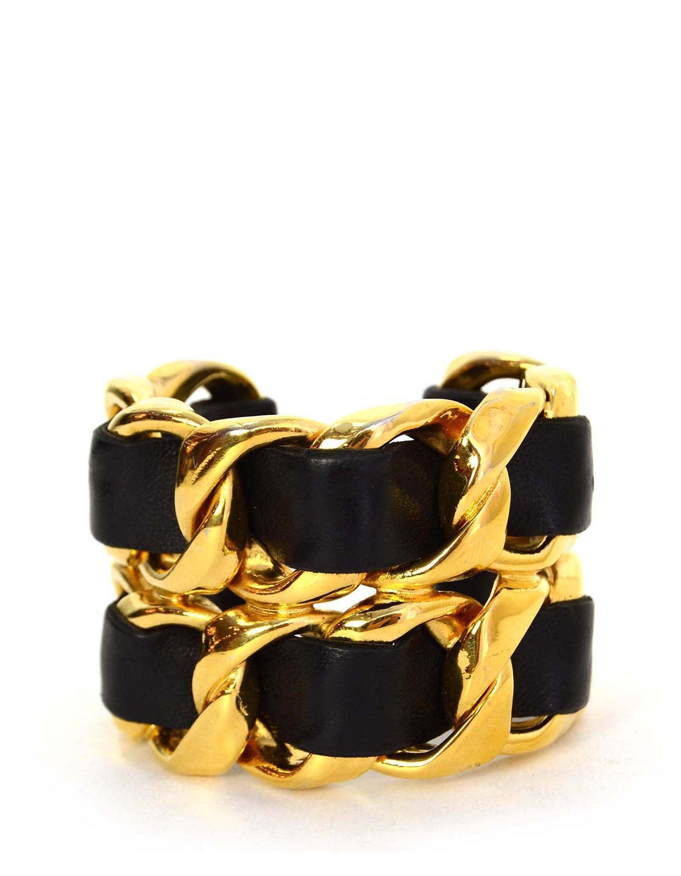 Chanel Black/gold Wide Leather Laced Cuff Bracelet