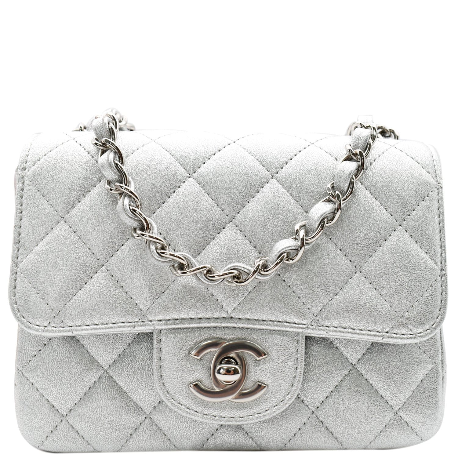 Louis Vuitton CHANEL Square Flap Quilted Leather Lambskin Silver Travel Bag
