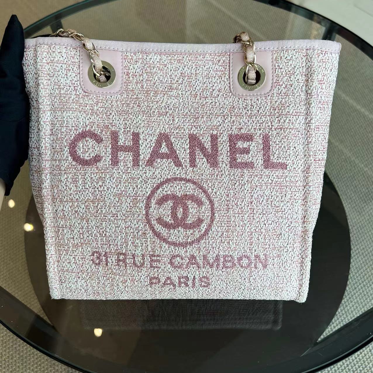 Chanel Deauville Tote Mini - Pink Fabric with Gold Lettering