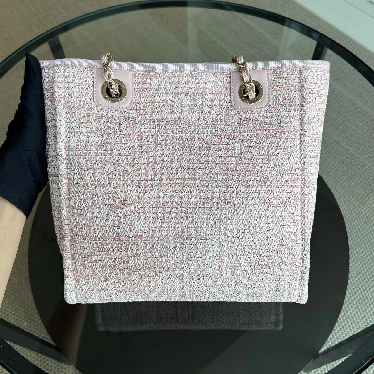 Chanel Deauville Tote Mini - Pink Fabric with Gold Lettering