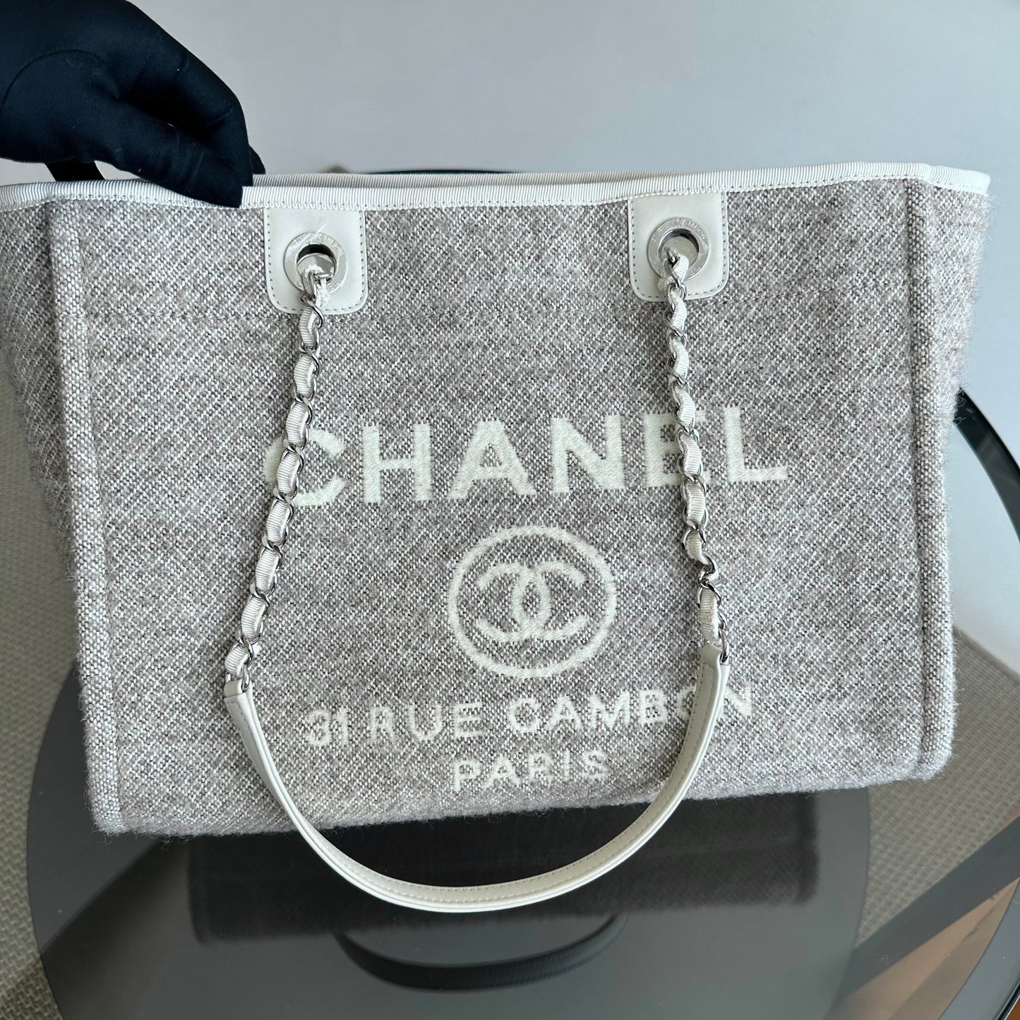 *Microchip* Chanel Deauville Tote Medium Tweed Grey White SHW Microchip