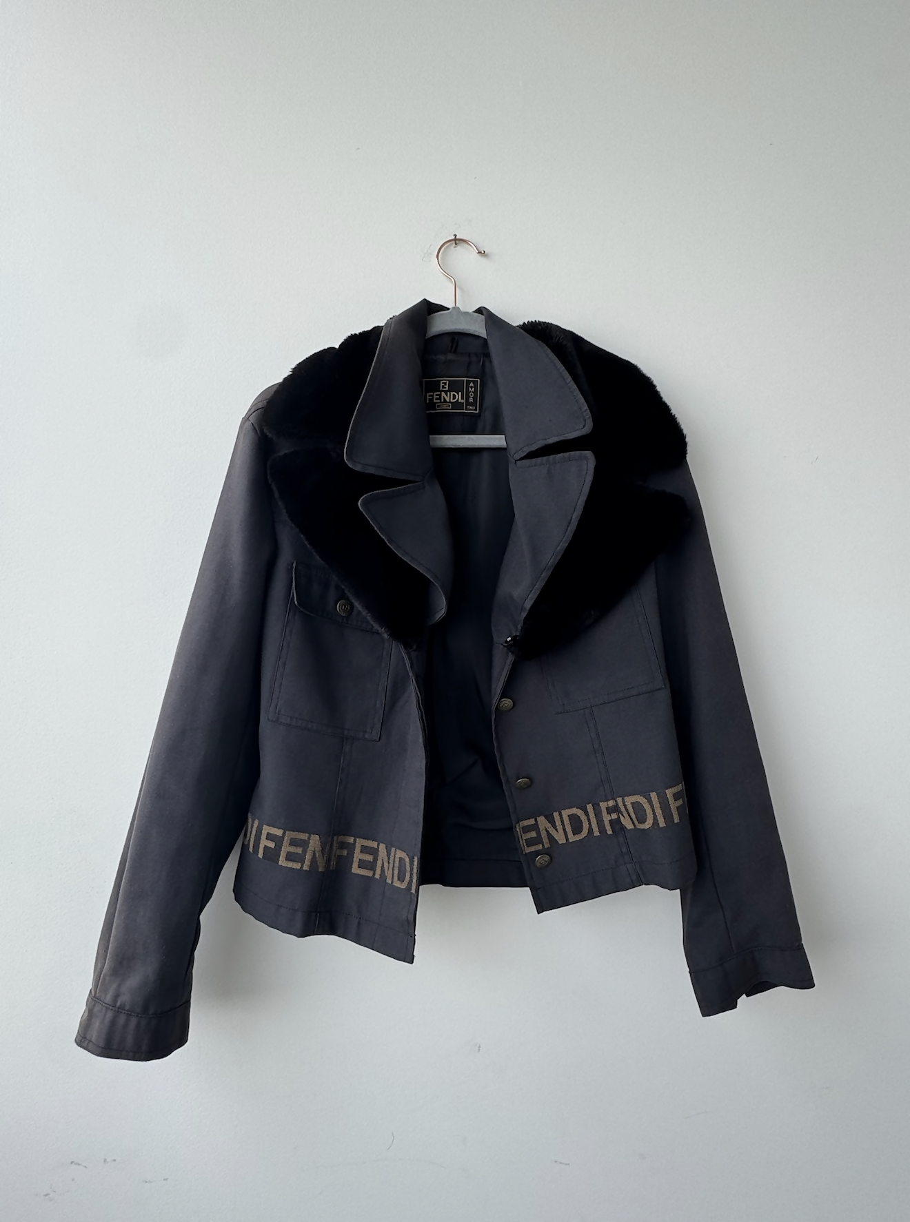 Fendi Women's Fur Jacket Denim Black Logo Handbag