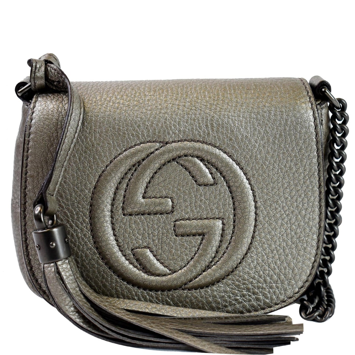 Gucci Soho Tassel Pebbled Shoulder Bag Leather Silver