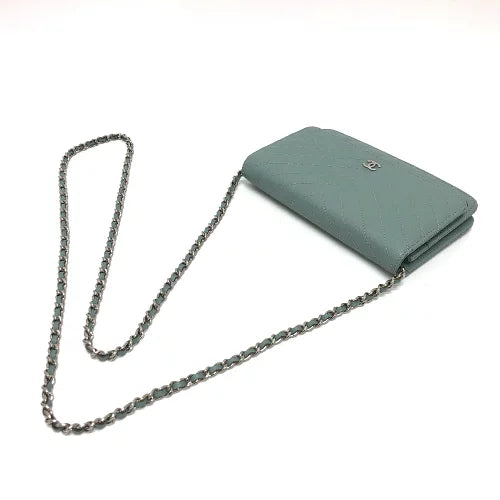 Chanel Caviar skin Long Purse Vstitch COCO Blue Wallet Case