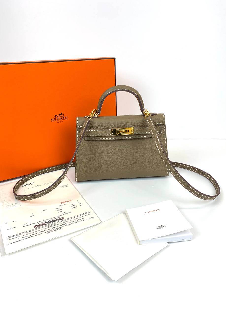 Hermes Luxury Kelly Sellier Bag Gray Epsom Hardware Gold Mini Travel Bag