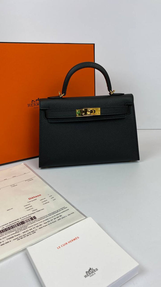 Hermes Luxury Kelly Sellier Bag Epsom Hardware Black Gold Travel Bag