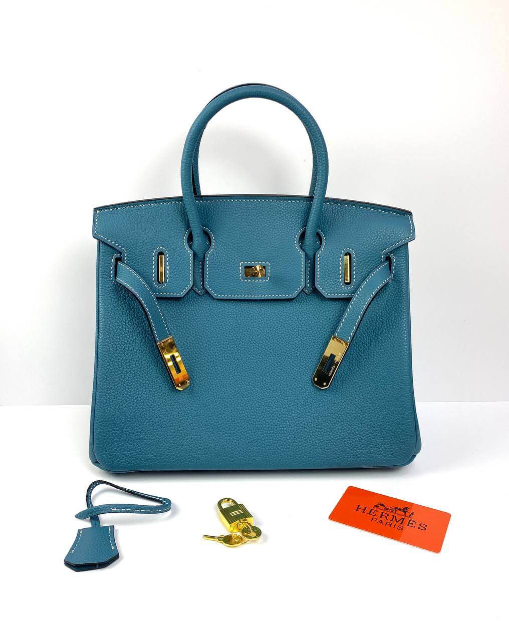 Hermes Luxury Birkin Biscuit Togo Hardware Handbag Leather Blue Travel Bag