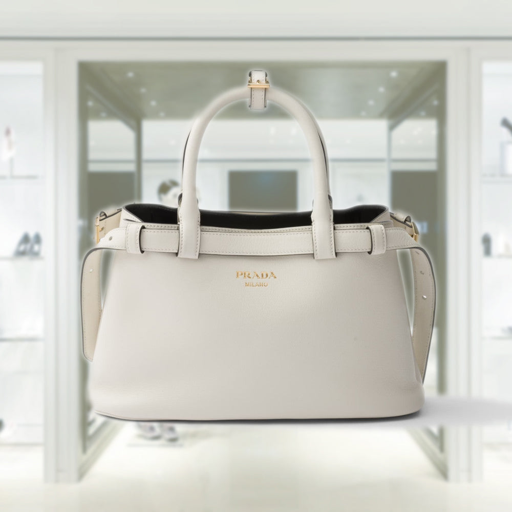Prada Buckle Handbag With Double Belt Leather Small
