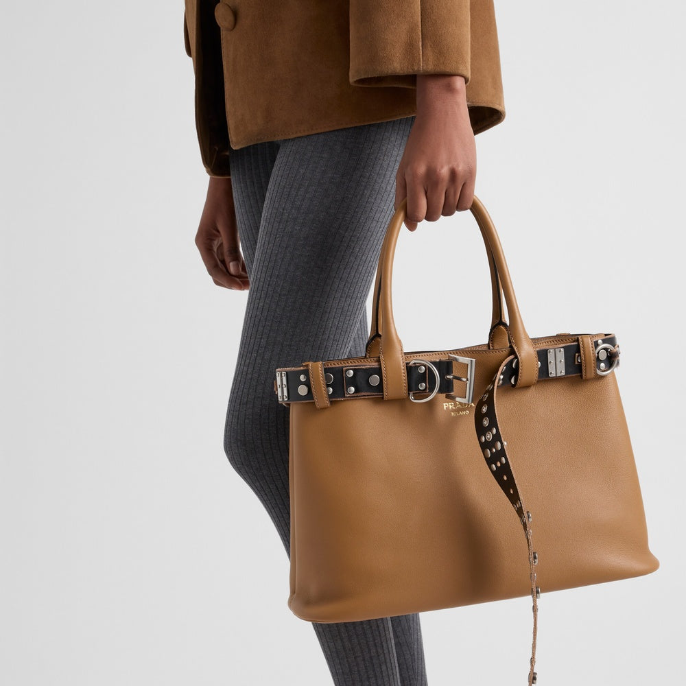 Prada Buckle Bag With Studded Belt Leather Large