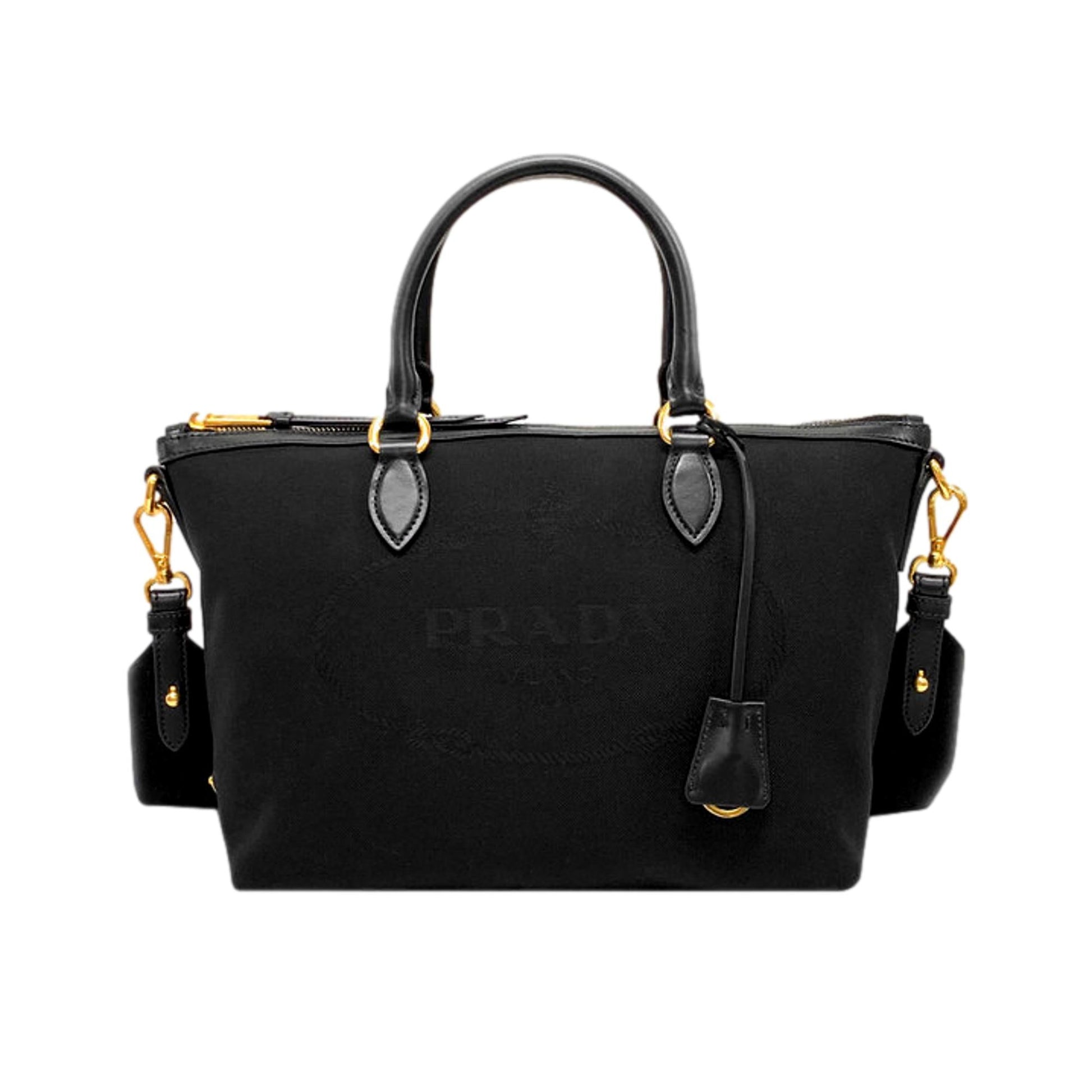 Prada Jacquard Trim Satchel Leather Canvas Black Satchel Bag